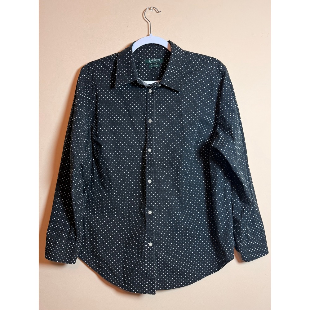 Lauren Ralph Lauren Black White Polka Dot Non Iron Button Down Shirt Womens 12 L